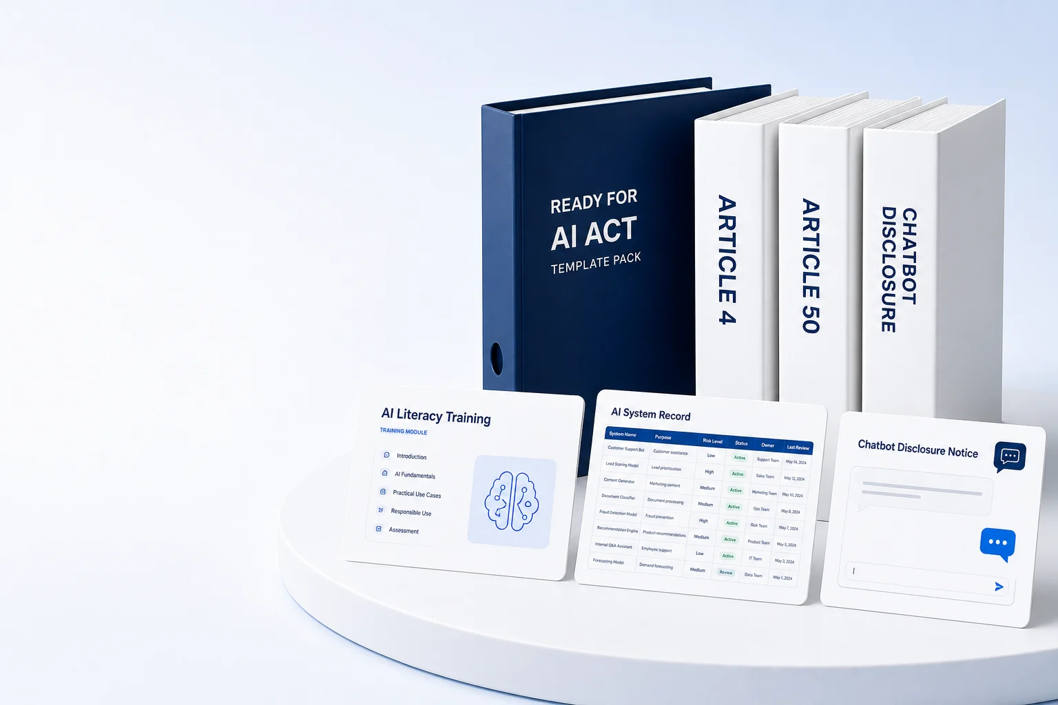 Ready For AI Act template binder, Article 4 and Article 50 manuals, and three operational document previews
