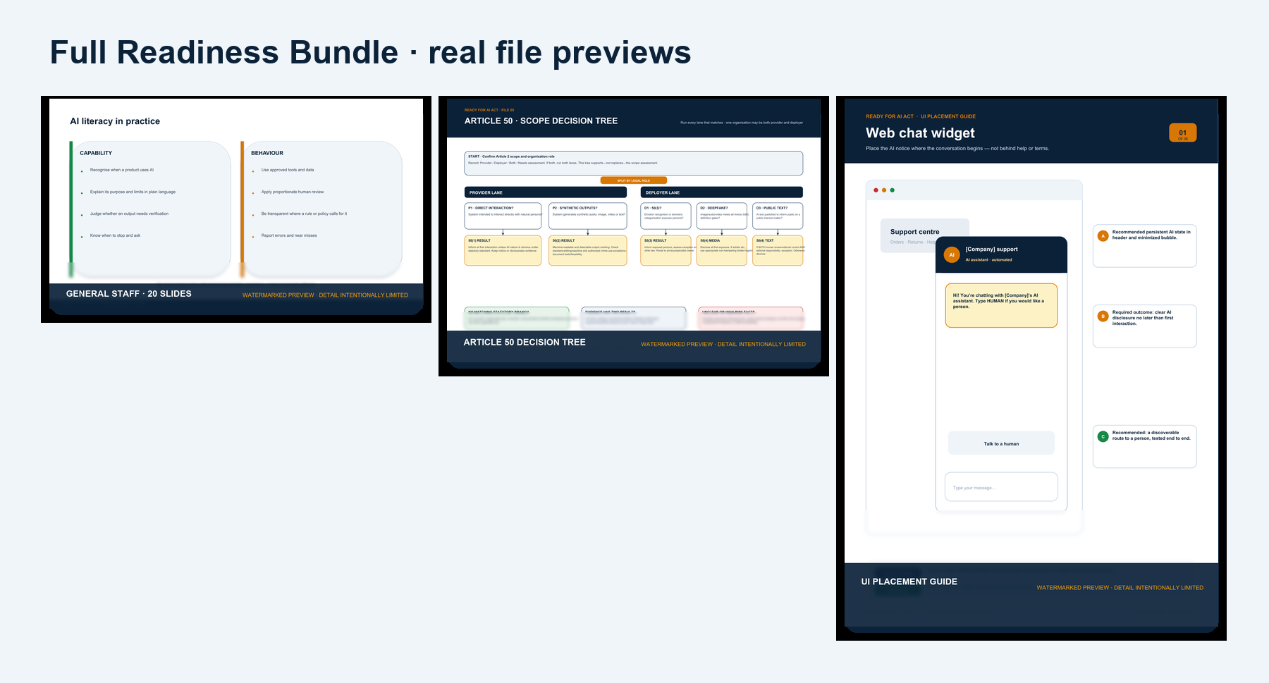 Watermarked overview of the Ready For AI Act packs